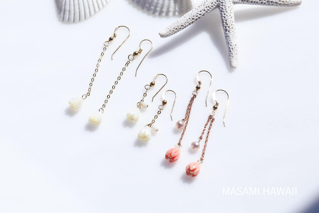 White pikake long earrings☆白色ピカケロングピアス